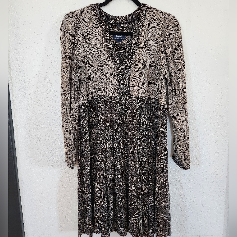 Anthropologie Maeve Brown Tan Patterned Mini Tier Dress Size M Boho Cottagecore